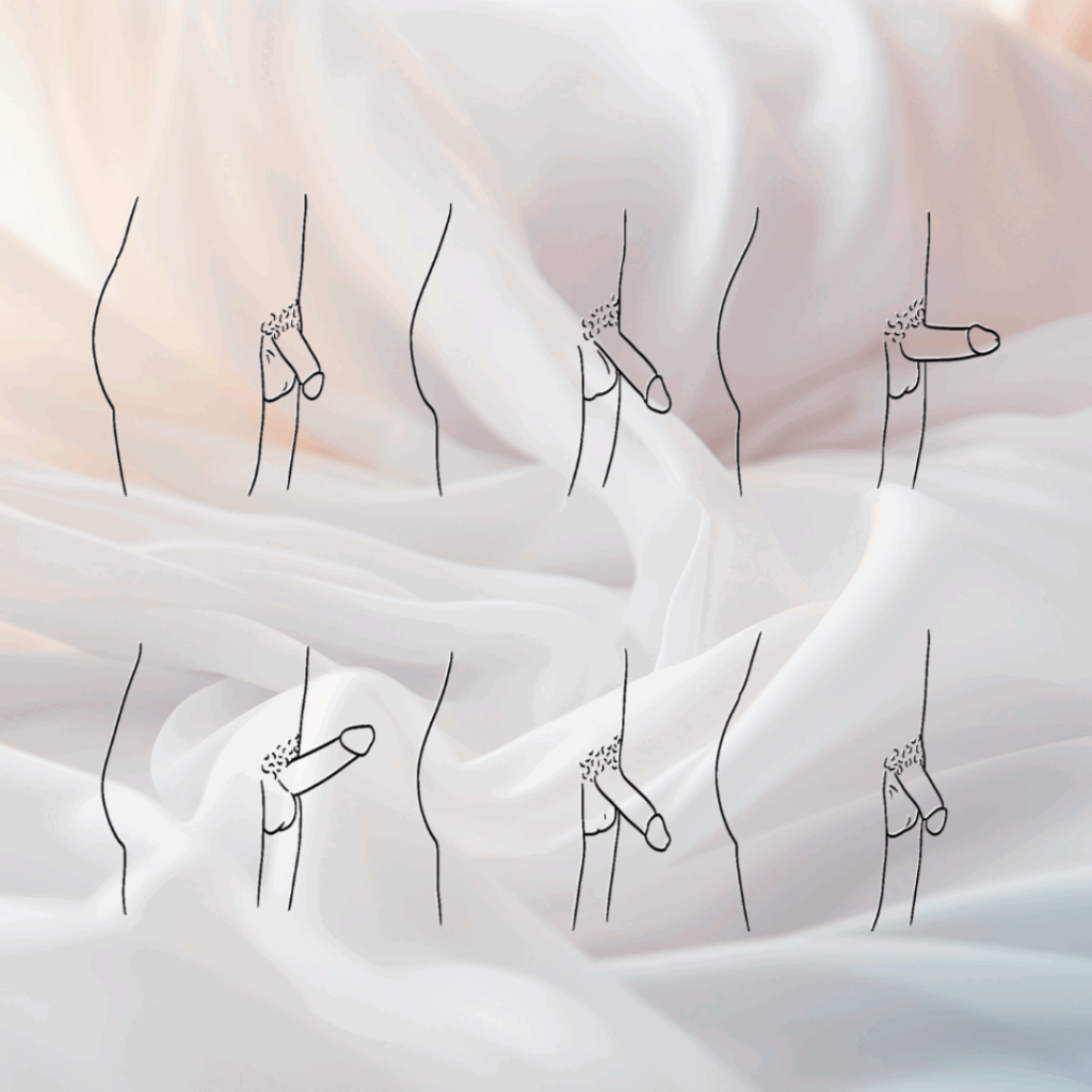 Nærfotografi av sengetøy. Oppå fotografiet er det 6 strektegninger som illustrerer prosessen fra en slapp penis til stiv og så slapp igjen.