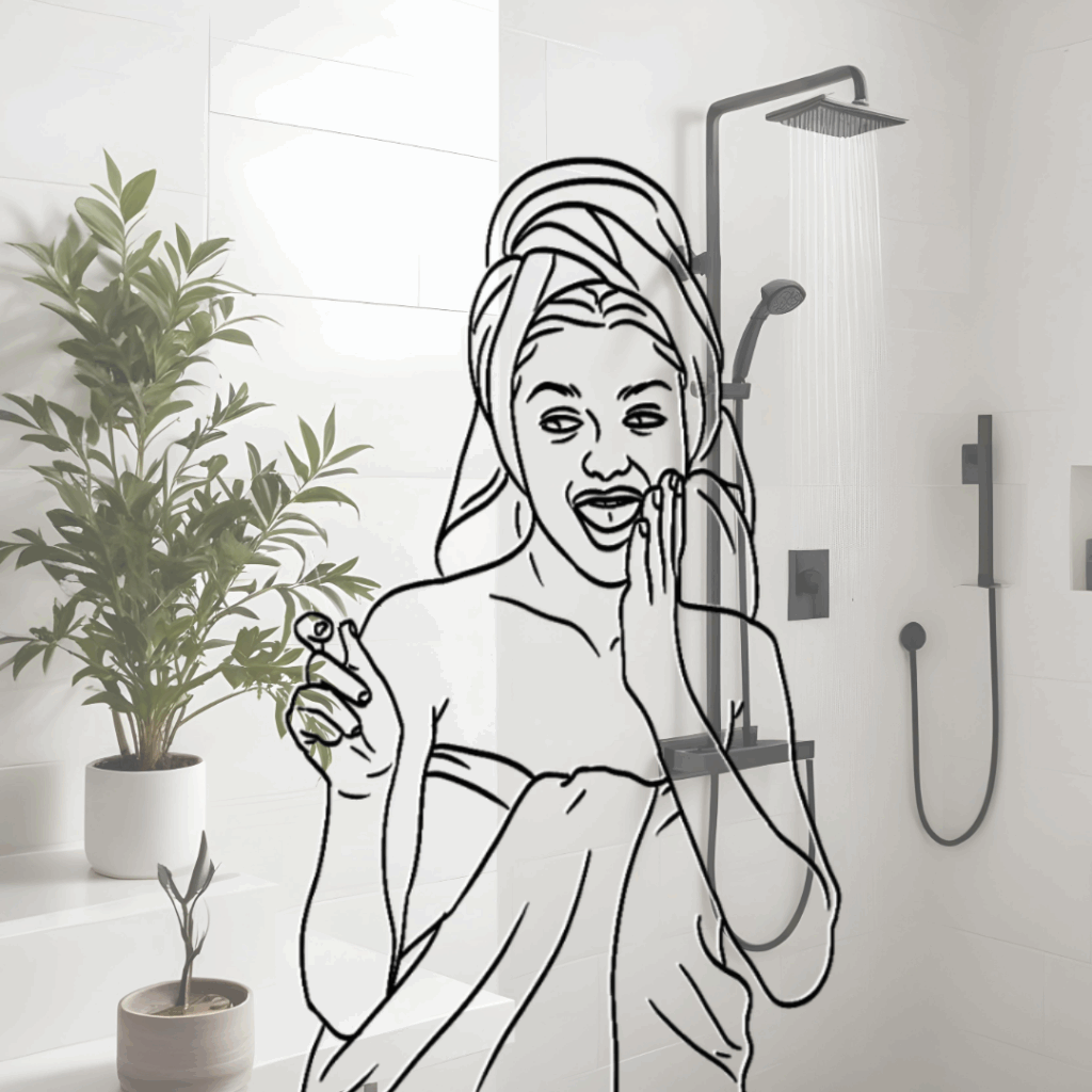 Fotografi av et bad hvor man ser en dusj. Oppå fotografiet er det en strektegning av en ung kvinne som nylig har kommet ut av dusjen. Hun har et håndkle rundt seg og håret satt opp i et annet håndkle.