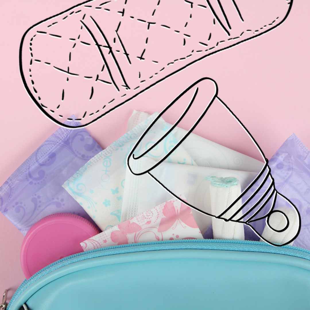 Fotografi av en åpen toalettmappe og seks bind og noen tamponger. Oppå fotografiet er det en strektegning av en menskopp og et truseinnlegg.