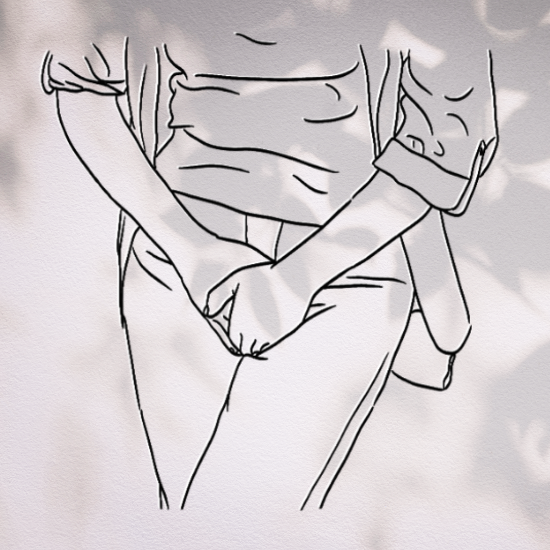 Fotografi av en vegg hvor man ser skyggene til en plante. Oppå fotografiet er det en strektegning av en ung kvinne som holder seg i skrittet for å vise at hun har vondt.