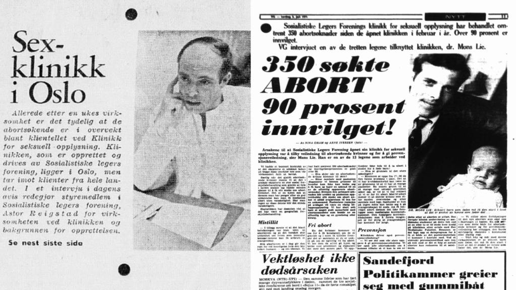 Fotografi av to avisutklipp fra 1970-tallet: den ene har tittelen «Sex klinikk i Oslo» og den andre «350 søkte ABORT – 90 prosent innvilget!»