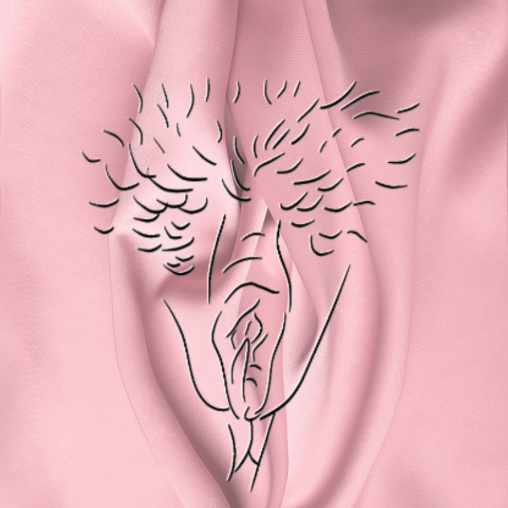 Fotografi av et laken som har folder i seg. Oppå fotografiet er det en strektegning av en vulva.