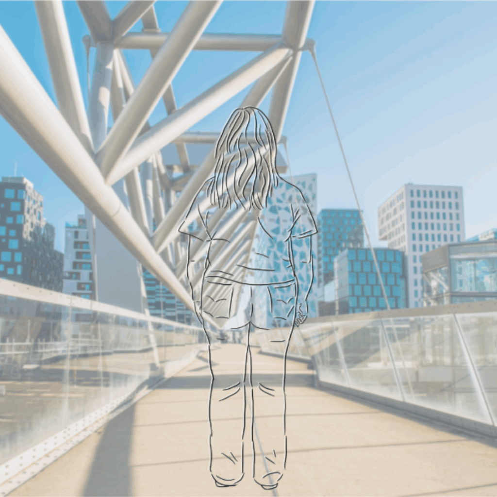 Fotografi av en bro som går mot høyhusene i Barcode i Oslo. Oppå fotografiet er det en strektegning av en ung kvinne som vi ser bakfra.