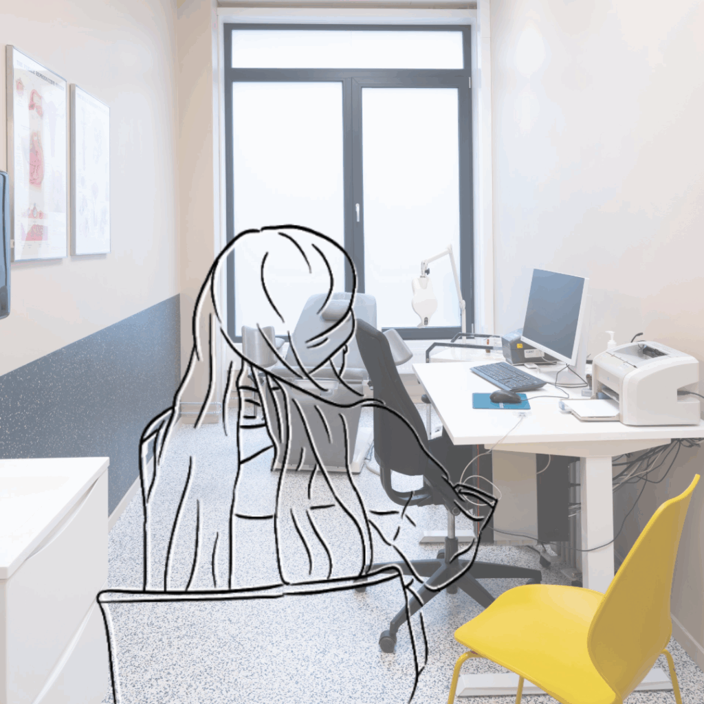 Fotografi av et legekontor, hvor man ser en gynegologisk undersøkelsesstol, et skrivebord med en PC. Oppå fotografiet er det en strektegning av en person med langt hår som sitter på en stol.