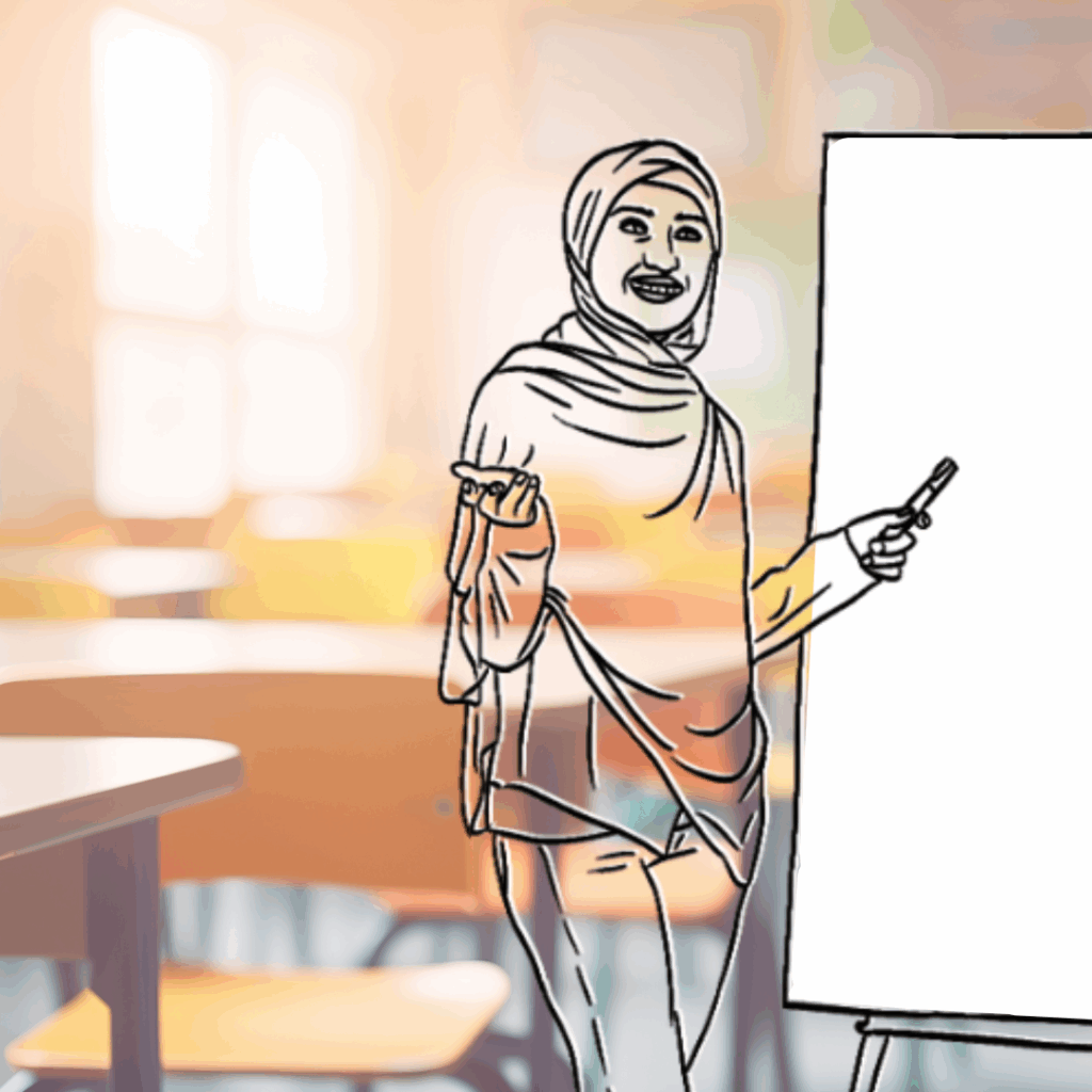 Fotografi av et klasserom med tomme pulter og stoler. Oppå fotografiet er det en illustrasjon av en lærer med hijab som underviser.
