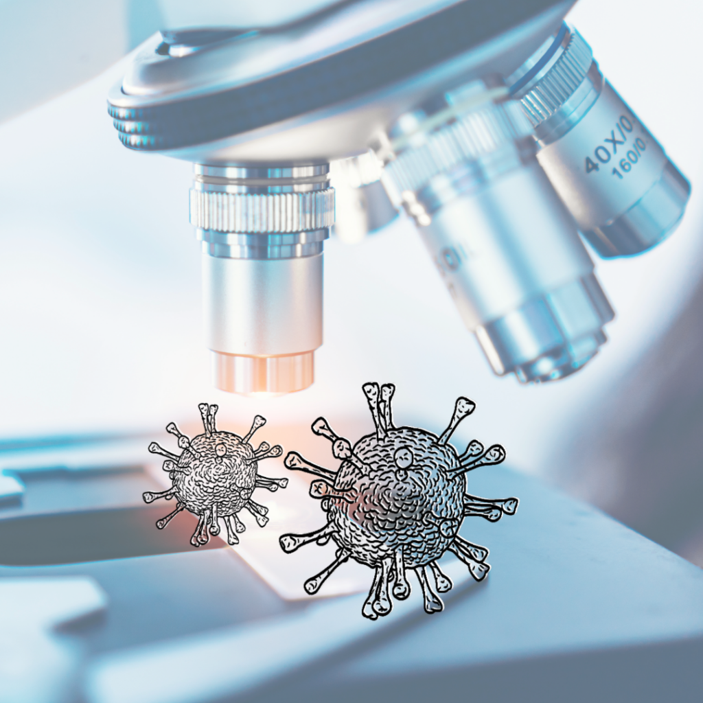 Fotografi av et mikroskop. Oppå fotografiet er det en strektegning av to hiv-virus.